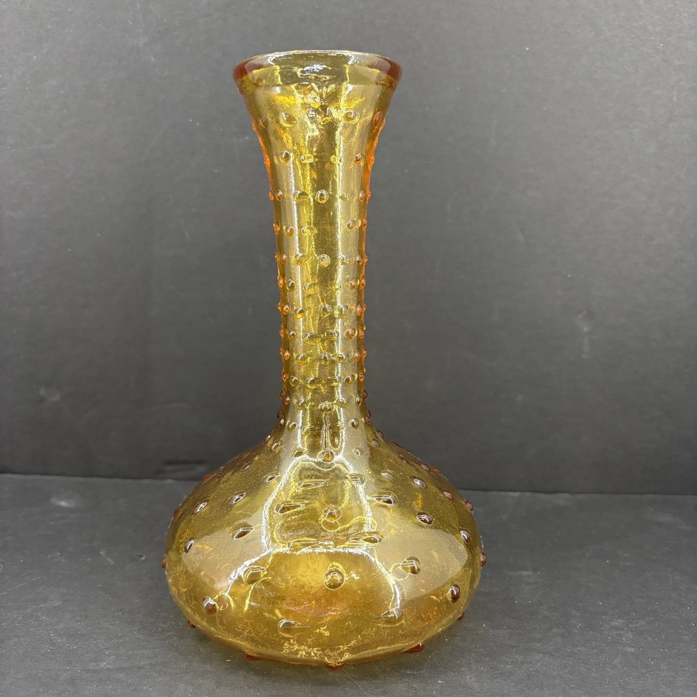 Vintage Hand Blown Amber Glass Hobnail Bud Vase Mid-Century Modern 7.5"